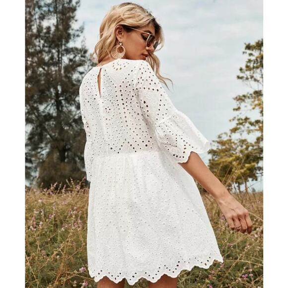 Pippidip Dress Eyelet Lace Mini Dress Scalloped Hemline and Sleeves size Medium - Picture 10 of 11